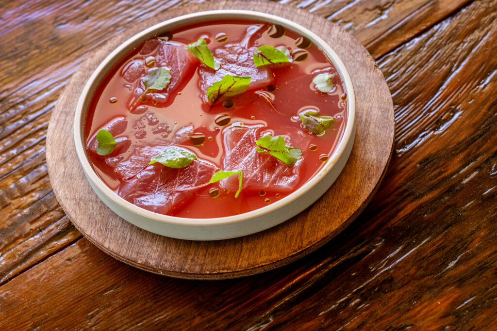 Aged Tuna Crudo with in a watermelon reduction from Farmhouse Sonoma in the old Palms restaurant location Friday, May 9, 2025 in Sonoma. (John Burgess / The Press Democrat)