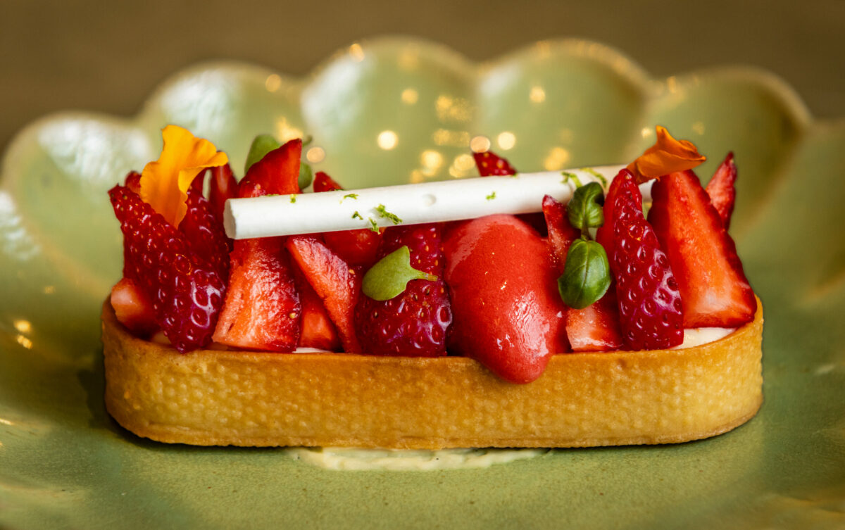 Strawberry Tart with strawberry compote, vanilla cream, mint strawberry sorbet and meringue from Bijou Monday, July 1, 2025, in Petaluma. (John Burgess / The Press Democrat)