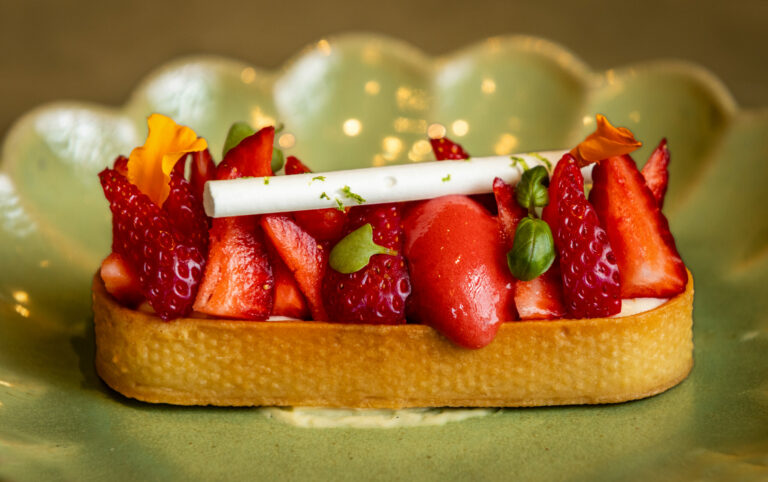 Strawberry Tart with strawberry compote, vanilla cream, mint strawberry sorbet and meringue from Bijou Monday, July 1, 2025, in Petaluma. (John Burgess / The Press Democrat)
