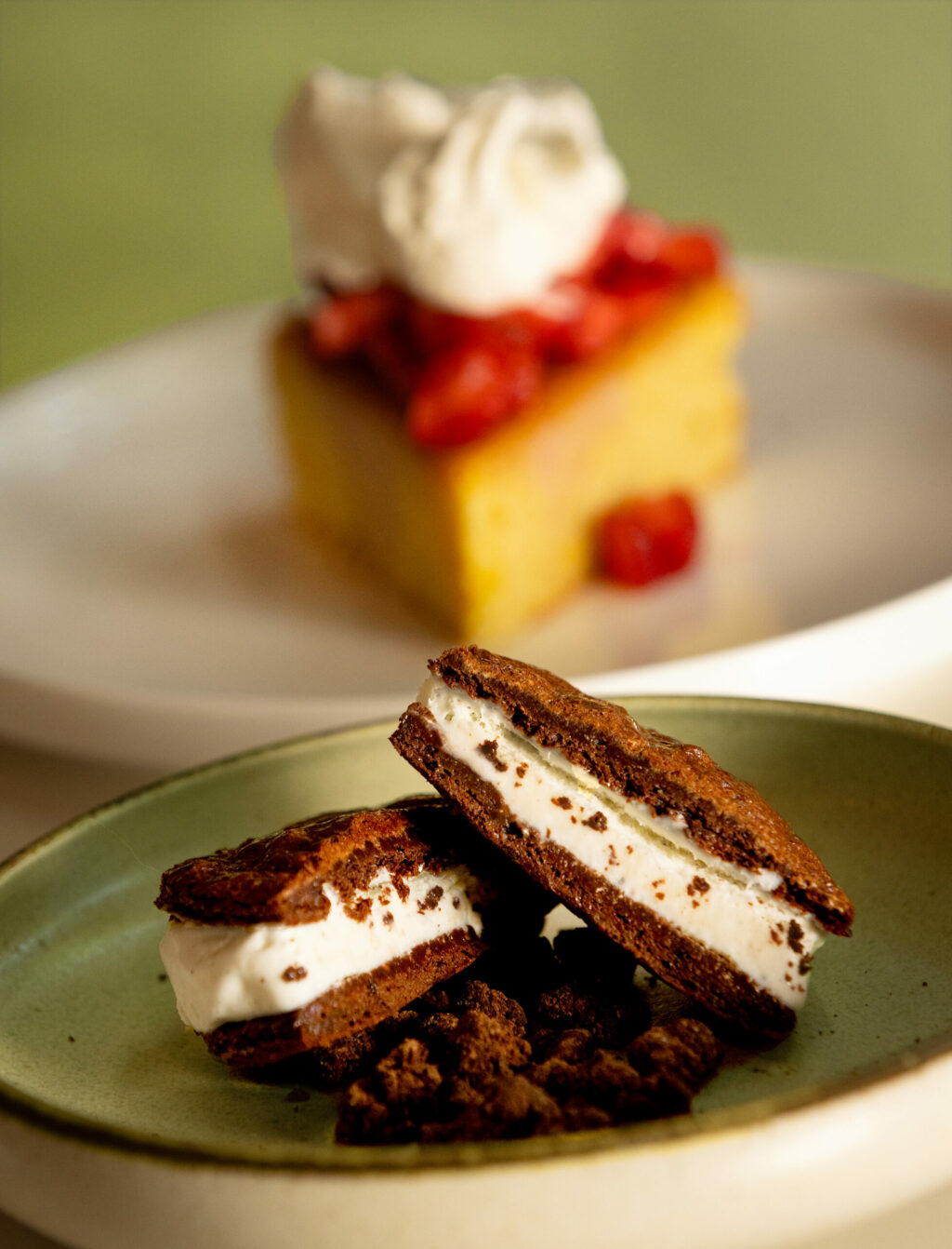 Ice Cream Sandwich with flourless fudge cookies and vanilla gelato and an Almond Flour Cake with market strawberries and Chantilly cream from The Burrow Wednesday, July 9, 2025 just off the square in Healdsburg. (John Burgess / The Press Democrat)