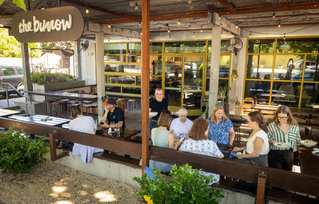 Plenty of patio seating at The Burrow Wednesday, July 9, 2025 just off the square in Healdsburg. (John Burgess / The Press Democrat)
