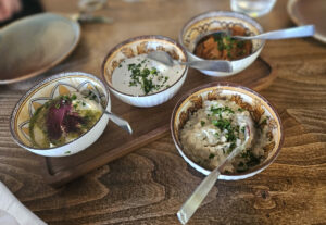 Cold mezze dips of hummus, baba ganoush, labneh and muhamarra at Levant restaurant in Petaluma. (Heather Irwin/The Press Democrat)