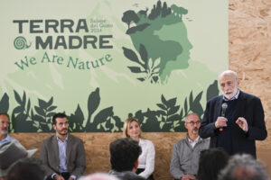 Slow Food founder Carlo Petrini addresses an audience at Terra Madre 2024 in Turin, Italy. (Terra Madre)