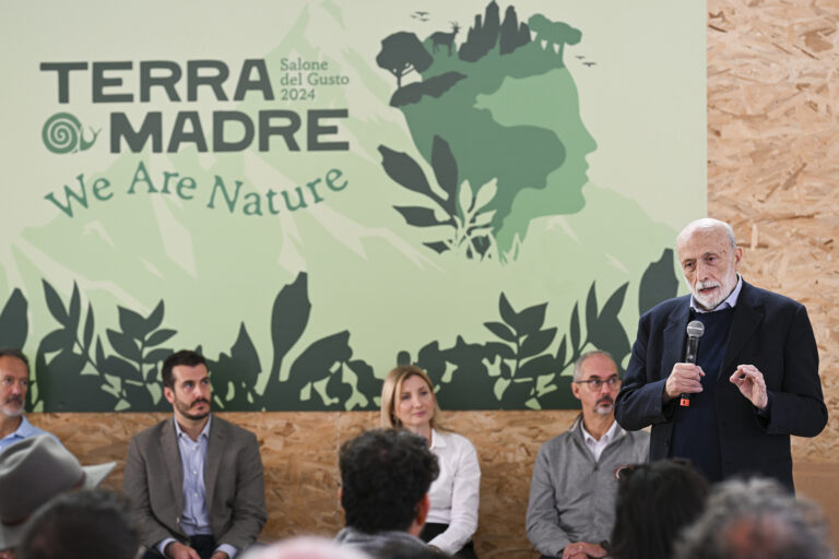 Slow Food founder Carlo Petrini addresses an audience at Terra Madre 2024 in Turin, Italy. (Terra Madre)