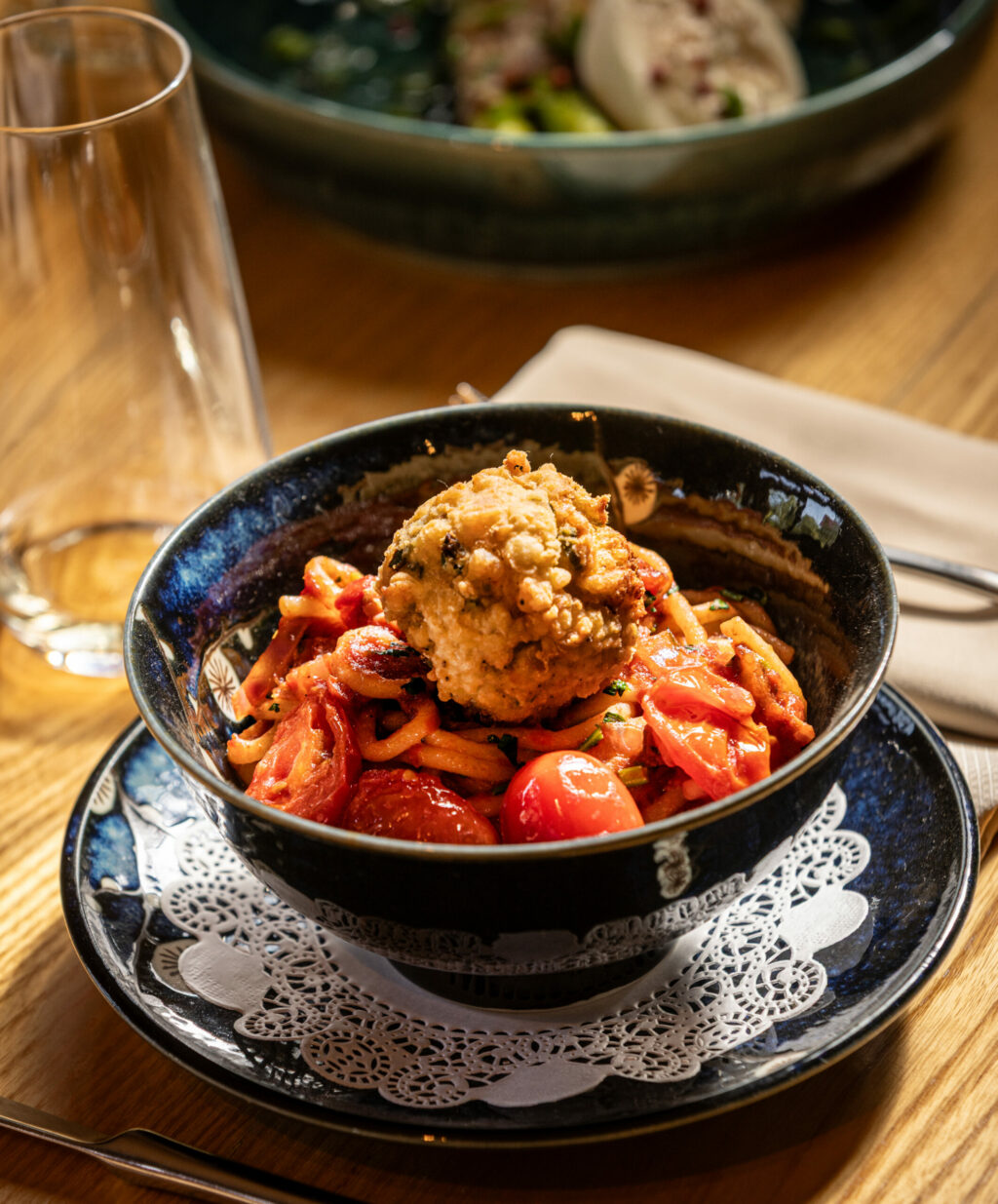 Fresh Spaghetti with Shrimp Meatballs, white wine, cherry tomatoes and parsley from Canneti Roadhouse Italiana Monday, June 9, 2025, in Forestville. (John Burgess / The Press Democrat)