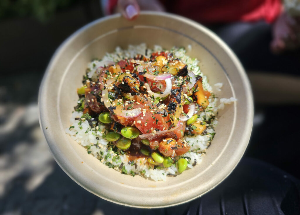 A fresh poke bowl with ahi tuna, sweet onions, edamame and Macadamia nuts at Salt & Sea at The Barlow in Sebastopol. (Heather Irwin / The Press Democrat)