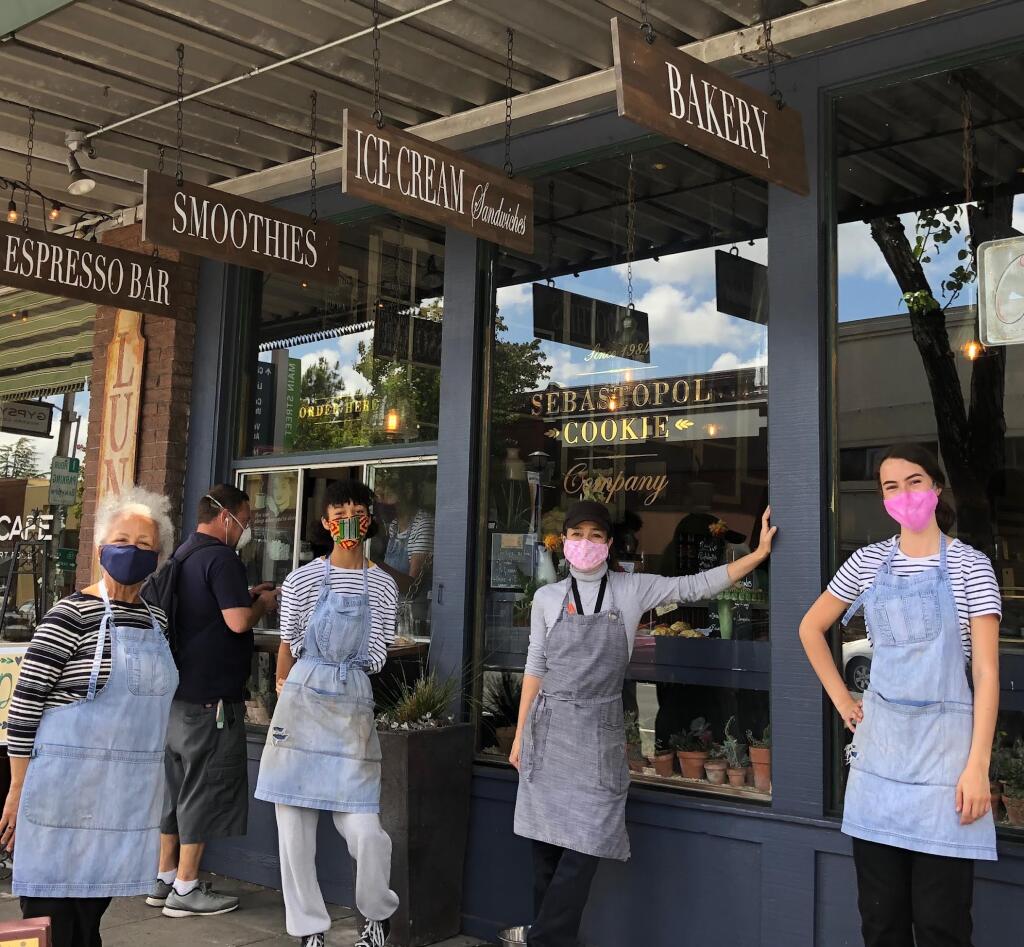 The front entrance of Sebastopol Cookie Company with owner Bronwen Shears and employees. (Courtesy Bronwen Shears / Sonoma County Gazette)