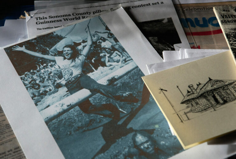 Some of the Kenwood pillow-fight artifacts collected by Pillowfight Coffee proprietors Joshua and Ashley Breinlinger. Photo taken at Pilllowfight Coffee in Kenwood Village on Highway 12 on Friday, Dec. 13, 2024. (Robbi Pengelly / The Sonoma Index-Tribune)