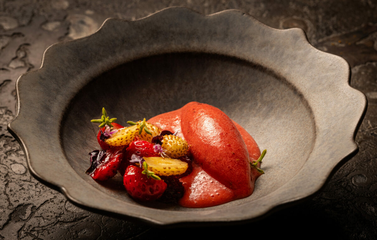 Strawberry Gazpacho, sorbet and mini fresh fruit from the new prix fixe tasting menu at The Lodge at Dawn Ranch Thursday, September 4, 2025 in Guerneville. (John Burgess / The Press Democrat)