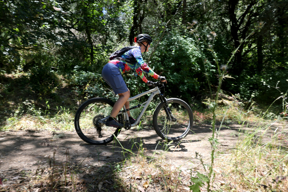 A cyclist pedals along the Lower Colgan Loop Trail at Taylor Mountain Regional Park & Open Space Preserve in Santa Rosa Tuesday, June 10, 2025. (Beth Schlanker / The Press Democrat)