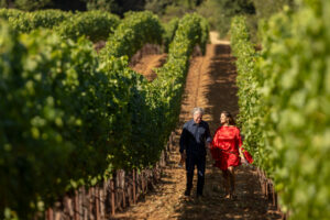 Dot Wine winemaker Lise Asimont and her husband/co-owner Shawn Phillips walk in a Shone Farm vineyard July 22, 2025 where they source some of their grapes for their 2025 North Coast Wine Challenge Sweepstakes winners. (John Burgess / The Press Democrat)