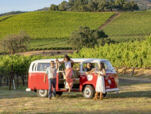 A West Wine Tours Volkswagen bus stops at Marilyn's Vineyard in Kenwood. (John Burgess / Sonoma Magazine)