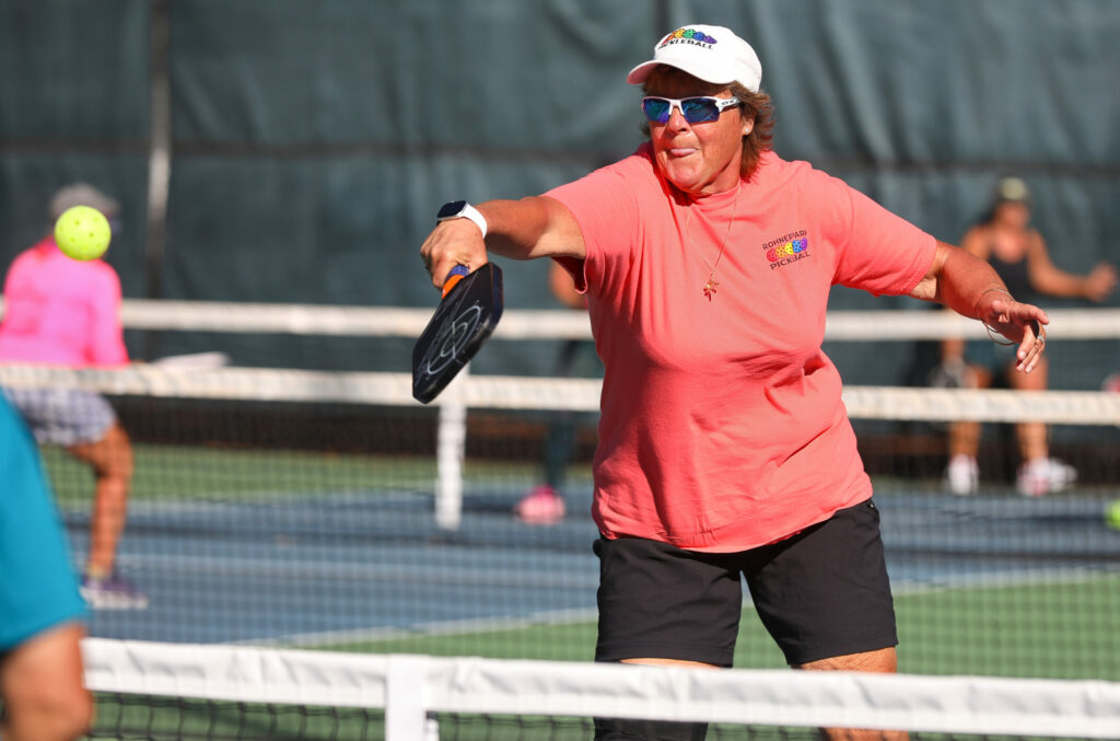Miriam Pengel hits a backhand during a pickleball match at the Sunrise Park courts in Rohnert Park on Monday, October 6, 2025. (Christopher Chung / The Press Democrat)