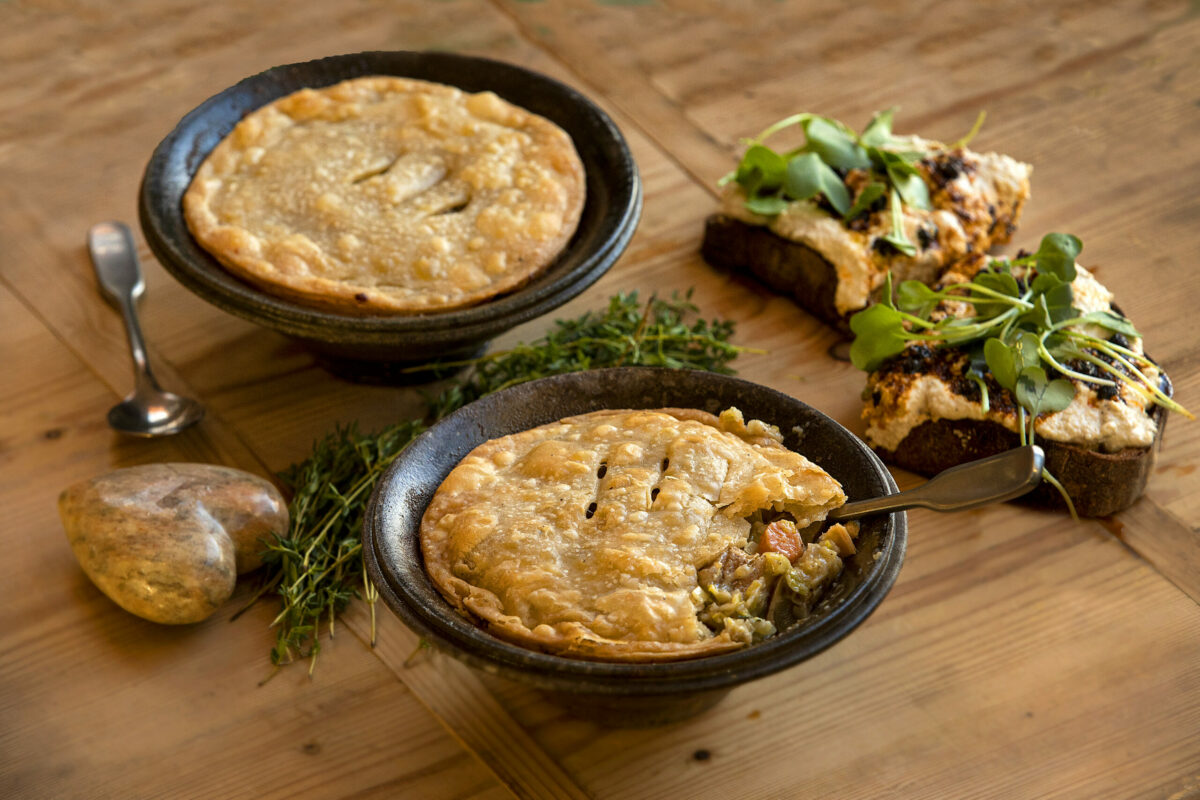 Vegan Miso Mushroom Pot Pie with Chili Ricotta Crostini from Kim Bourdet, creative director of Branch Line in Santa Rosa on Thursday Feb. 4, 2022. (Photo by John Burgess/The Press Democrat)