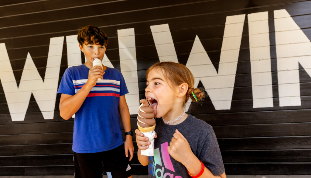 Asa Weeby, 12, left, and his sister Aleda, 6, stopped for lunch and a Strauss Ice Cream soft serve cone at Philo’s hot new restaurant, Jumbo’s Win Win Thursday, August 14, 2025 in the Anderson Valley. (John Burgess / The Press Democrat)