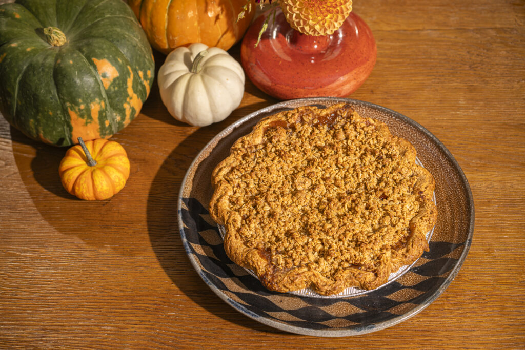 An apple orchard pie with an oat crumble topping from the Thanksgiving menu at Little Saint in Healdsburg. (Emma K Creative)