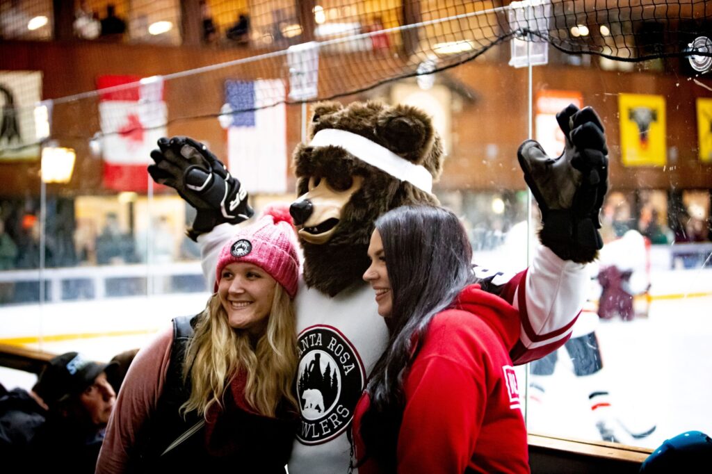 The Santa Rosa Growlers mascot interacts with fans at Snoopy's Home Ice in Santa Rosa. (Courtesy Andy Lumens)