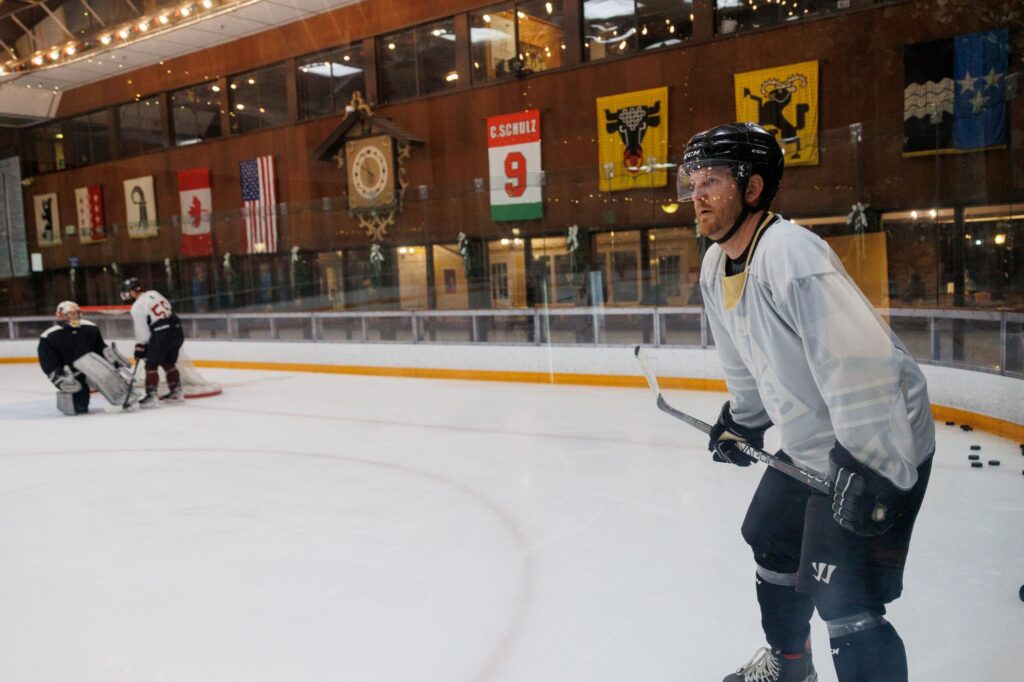 Growler’s Adam Wade waits for a player to pass by to pass the puck to during their practice at Snoopy's Home Ice in Santa Rosa on Jan. 2, 2024. (Abraham Fuentes/ For The Press Democrat)