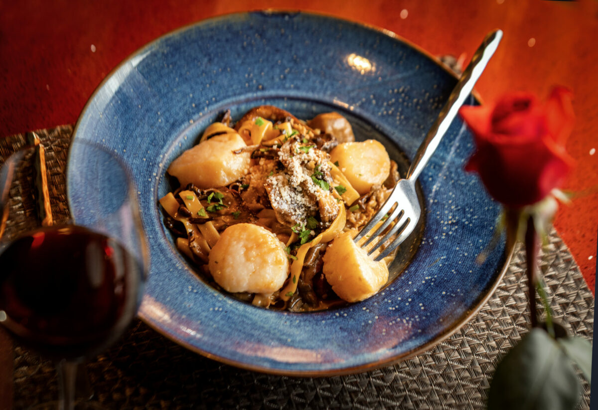 Tagliatelle con Capesante e Funghi with Day Boat scallops, mushrooms, veal demi, cream and Pecorino cheese at Baci Cafe and Wine Bar Thursday, Oct. 16, 2025 in Healdsburg. (John Burgess / The Press Democrat)