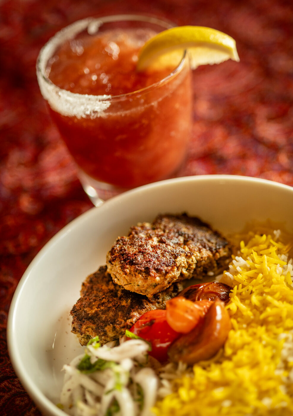 Mini Kabab Diggi Sliders with saffron rice and grilled tomato and a Lavashak Margarita from the Persian menu, Mondays and Tuesdays at Viva Mēxicana Oct. 29, 2025 in Sebastopol. (John Burgess / The Press Democrat)