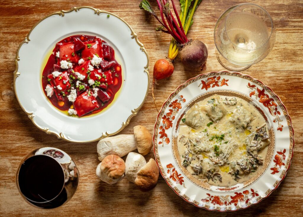 Porcini Mushroom & Spinach Ravioli, right, and Laguna Farms Beet Ravioli with Mt. Eitan Tamar & Laura Chenel chèvre at the Sonoma Wine Shop/La Bodega Kitchen Thursday, Nov. 13, 2025 in Sebastopol. (John Burgess / The Press Democrat)