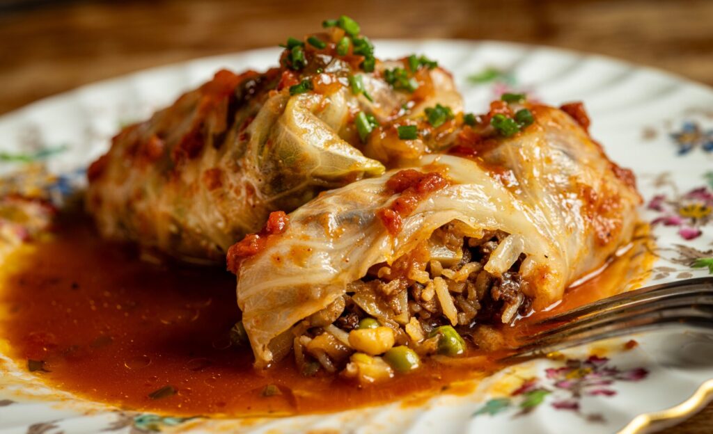Moroccan Stuffed Cabbage with basmati rice, root vegetables, leeks, onions, garlic, PB ‘beef’ blend, Demi Glacé, tomatoes, mushrooms preserved lemon, baharat, ras el hanout, currants and pine nuts at the Sonoma Wine Shop/La Bodega Kitchen Thursday, Nov. 13, 2025 in Sebastopol. (John Burgess / The Press Democrat)