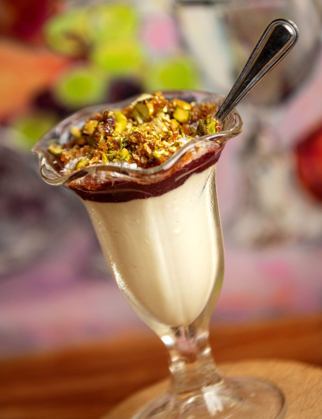 Pomegranate & Rose Water Malabi with Violife cream, sugar, coconut, pistachio & almond at the Sonoma Wine Shop/La Bodega Kitchen Thursday, Nov. 13, 2025 in Sebastopol. (John Burgess / The Press Democrat)