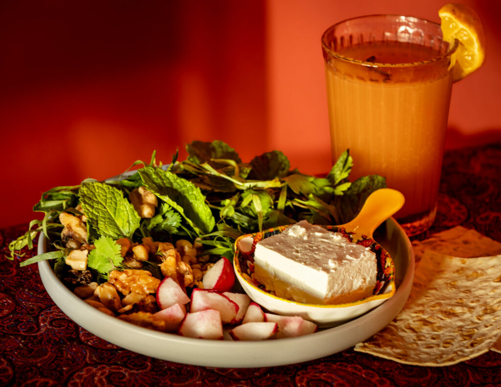 Noon o Panir ba Sabzi with fresh feta, fresh herbs, radishes, onions and walnuts with a Heavenly Quince Agua Fresca from the Persian menu, Mondays and Tuesdays at Viva Mēxicana Oct. 29, 2025 in Sebastopol. (John Burgess / The Press Democrat)