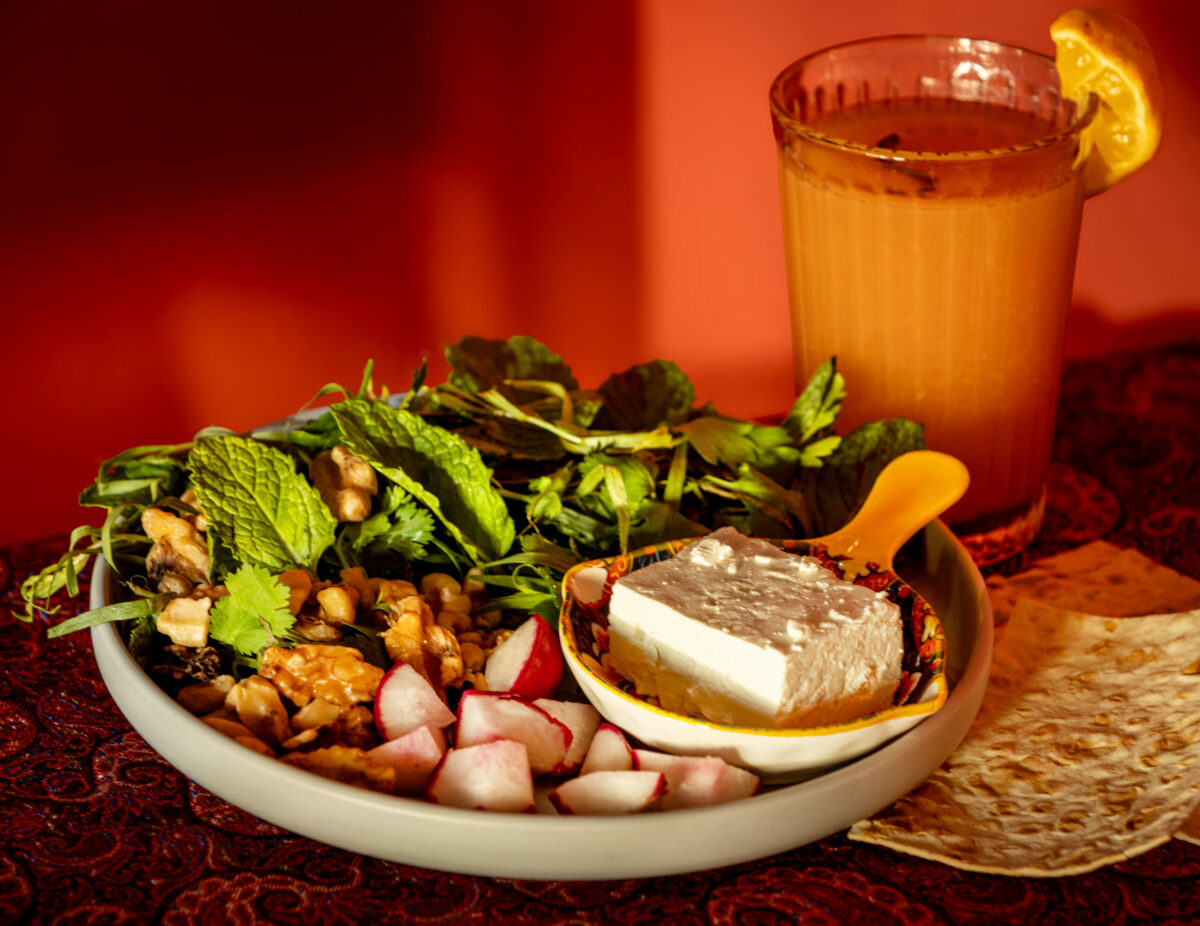 Noon o Panir ba Sabzi with fresh feta, fresh herbs, radishes, onions and walnuts with a Heavenly Quince Agua Fresca from the Persian menu, Mondays and Tuesdays at Viva Mēxicana Oct. 29, 2025 in Sebastopol. (John Burgess / The Press Democrat)