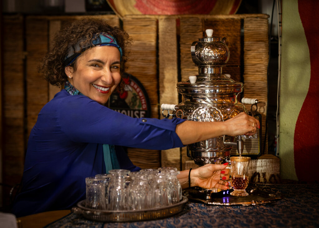Iranian-born Sima Mohamadian serves black cardamom tea from a traditional Samovar at her restaurant Viva Mēxicana Tuesday, Oct. 29, 2025 in Sebastopol. (John Burgess / The Press Democrat)