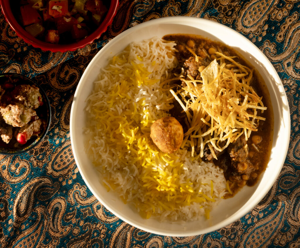 Mini Khoresht-e Gheuymeh Bowl with beef, split peas, saffron, tomato with fragrant basmati rice from the Persian menu, Mondays and Tuesdays at Viva Mēxicana Oct. 29, 2025 in Sebastopol. (John Burgess / The Press Democrat)