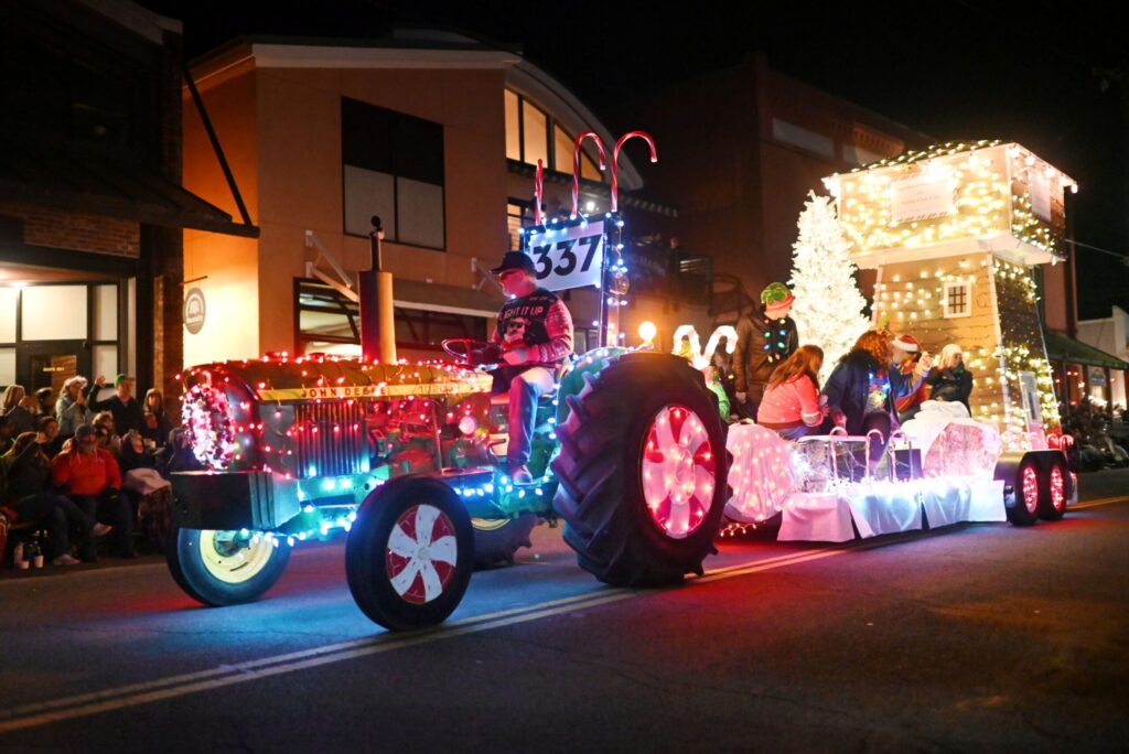 Glowing trucks during the Geyserville Lighted Tractor Parade held on Saturday, Nov. 25, 2023, in downtown Geyserville. (Erik Castro / For The Press Democrat)