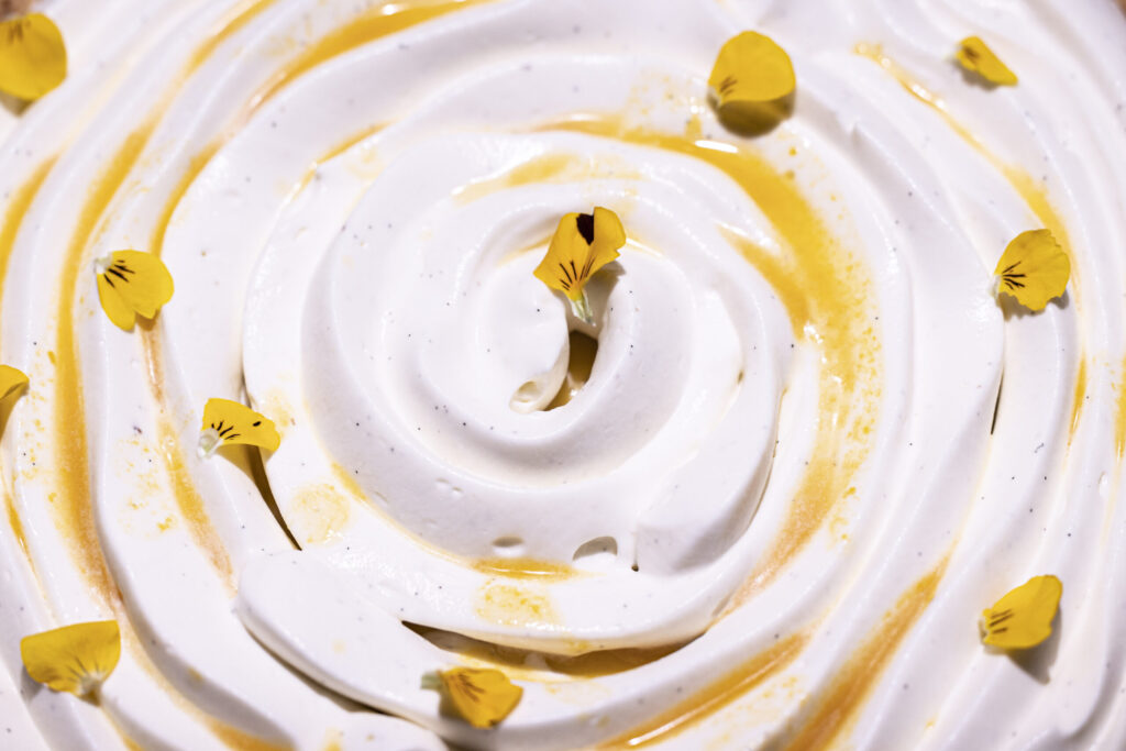 Closeup of a passion fruit cream pie on the Thanksgiving menu at Enclos in Sonoma. (Nataly Villalobos)