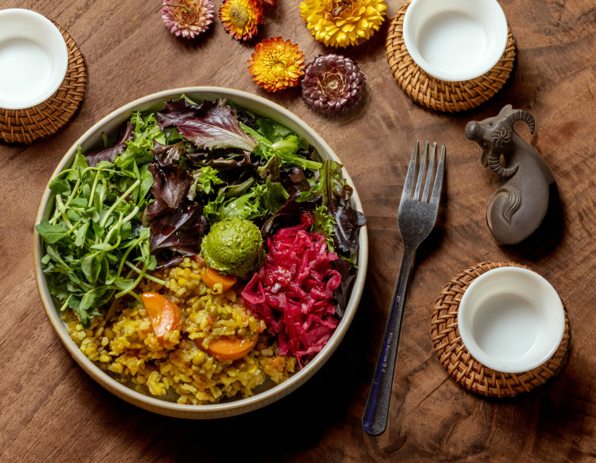 The Ayurvedic Grain Bowl with local rice, mung beans, seasonal veggies, Ayurvedic spices, kraut, greens and pesto from Soft Medicine Sanctuary Friday, November 22, 2024 in Sebastopol. (John Burgess / The Press Democrat)