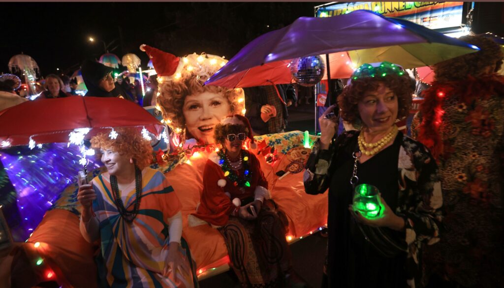 The Mrs. Roper couch float, based on the Three’s Company sitcom, is back for the second year at the South of A arts district Winterblast celebration in Santa Rosa, , Saturday, Nov. 9, 2024. (Kent Porter / The Press Democrat)