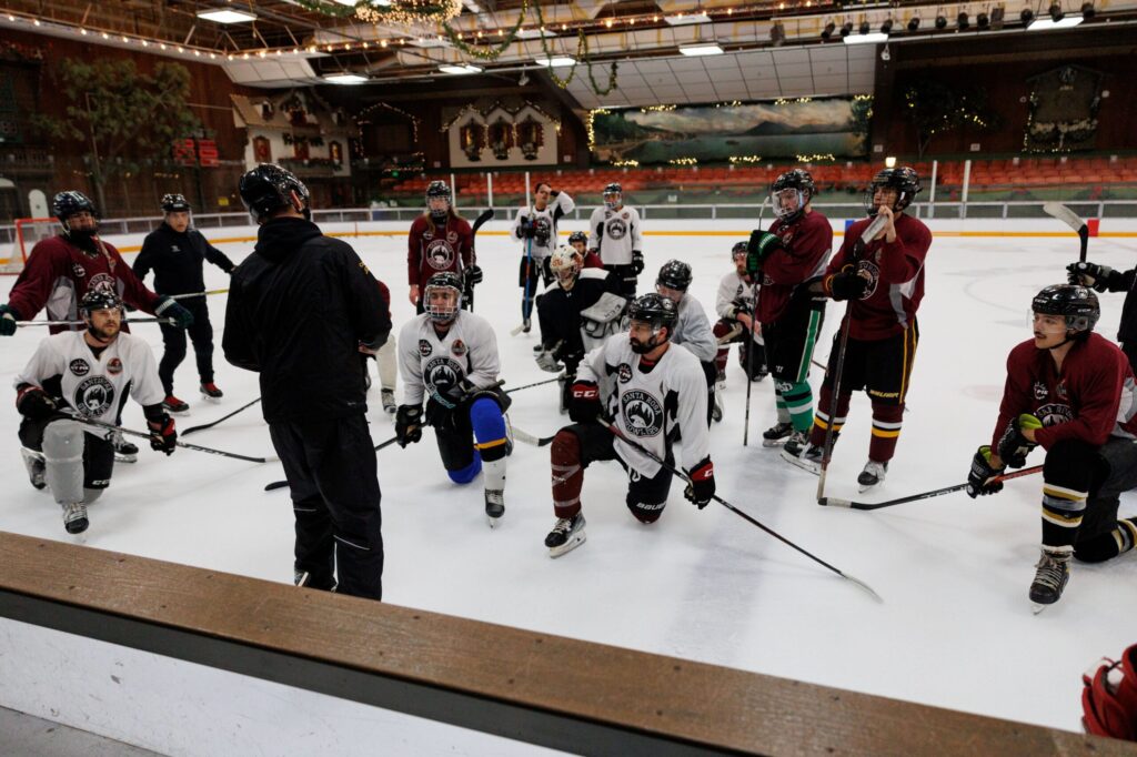 Jesse Kofalk, Growler’s head coach, talks to his team during their practice at Snoopy's Home Ice in Santa Rosa on Jan. 2, 2024. (Abraham Fuentes/ For The Press Democrat)