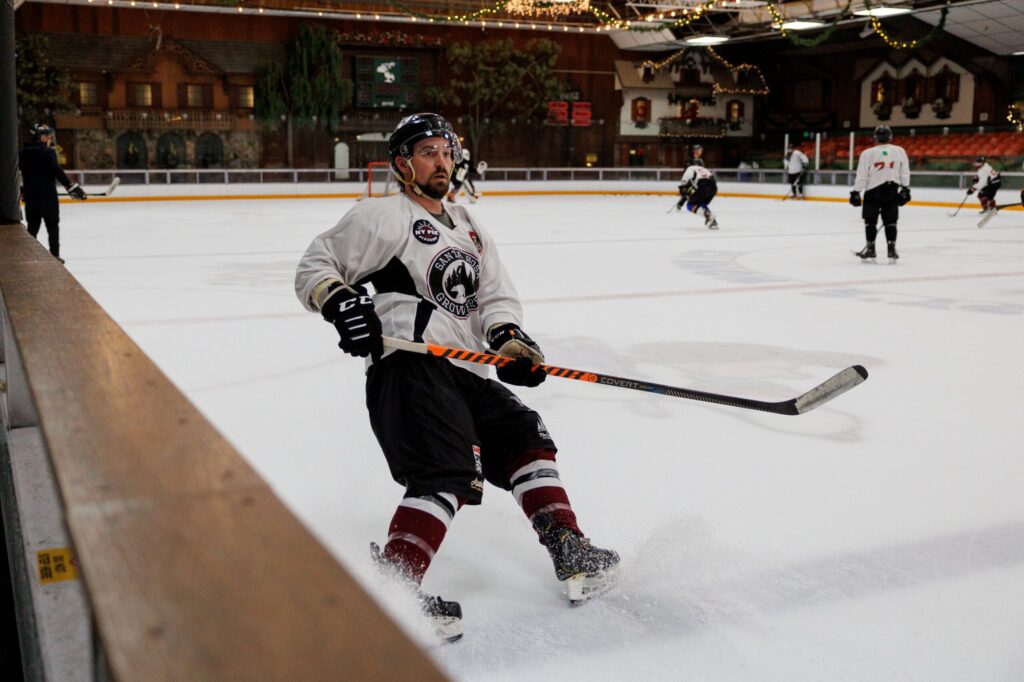 Growler’s Blake Johnson slides into position for a pass from another player during their practice at Snoopy's Home Ice in Santa Rosa on Jan. 2, 2024. (Abraham Fuentes/ For The Press Democrat)