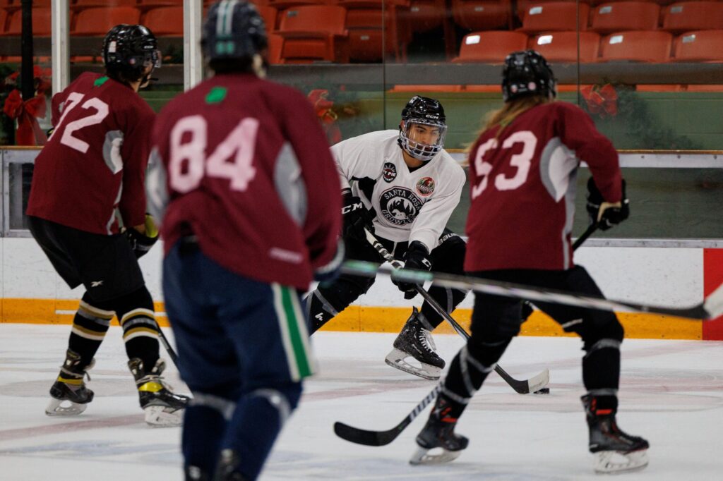 Growler’s Luis Mendoza skates with the puck during their practice at Snoopy's Home Ice in Santa Rosa on Jan. 2, 2024. (Abraham Fuentes/ For The Press Democrat)