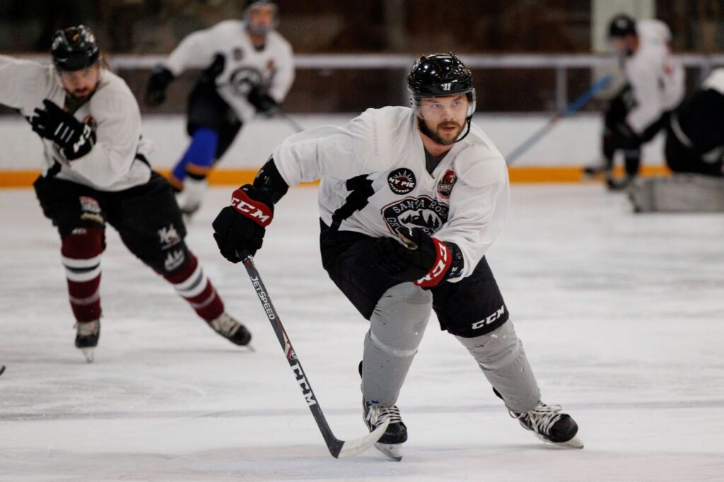 Growler’s Alexi Kulikouskly skates with the puck during their practice at Snoopy's Home Ice in Santa Rosa on Jan. 2, 2024. (Abraham Fuentes/ For The Press Democrat)