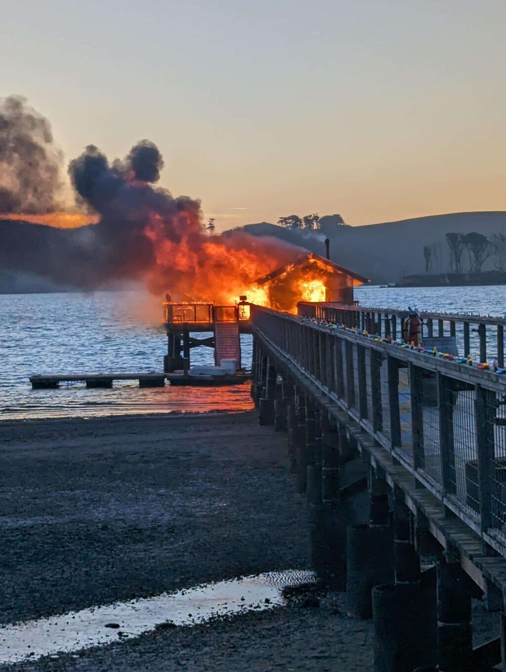 Fire destroyed the boat shack at Nick's Cove in Marshall on Sunday, Jan. 7, 2024. (Marin County Fire)