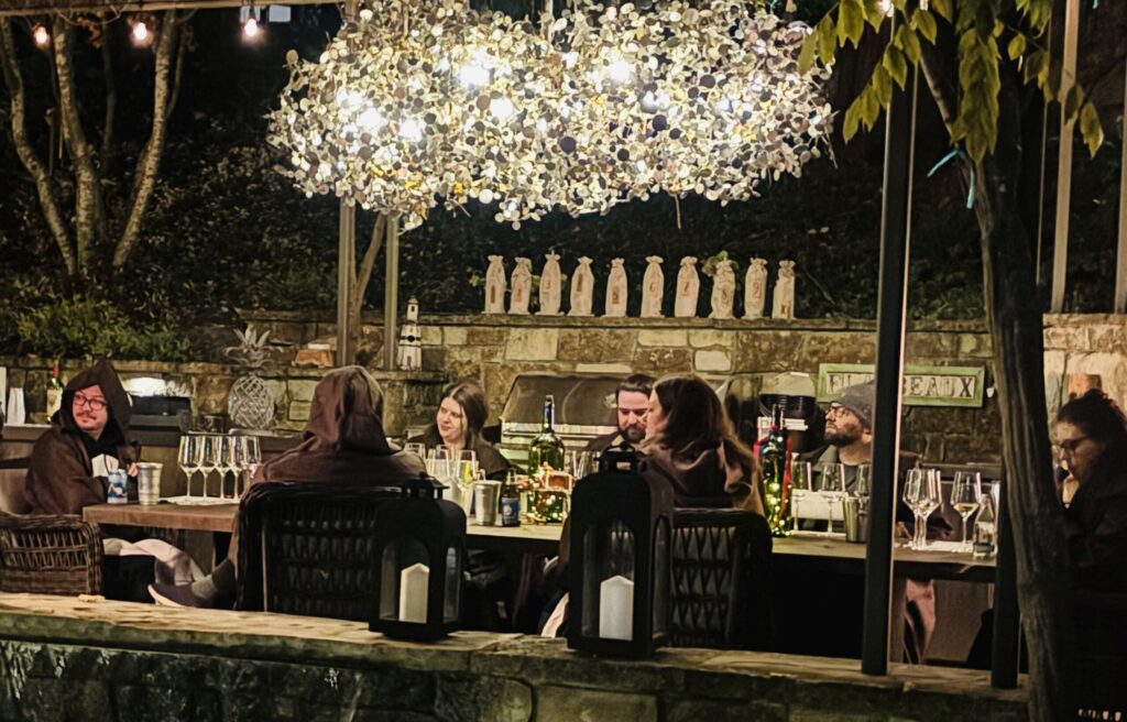 Sommeliers dressed in Jedi robes sit at the table at the inaugural Blind Bottle Bash at Flambeaux Wine in Healdsburg. (Courtesy of Shelly Rafanelli)