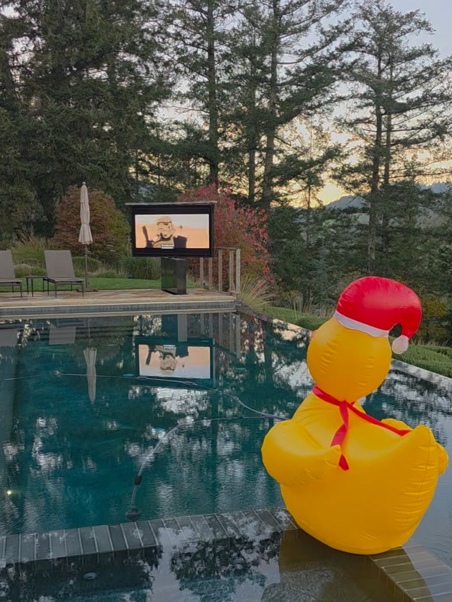 An inflatable Santa duck watches Star Wars in the pool during the Blind Bottle Bash at Flambeaux Wine in Healdsburg. (Courtesy of TOWN)