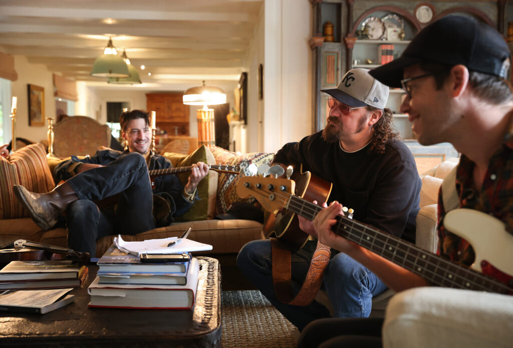 The Deslondes band members John James Tourville, left, Riley Downing, and Dan Cutler rehearse at Little Saint Farm before their performance at Little Saint in Healdsburg on Thursday, November 13, 2025. (Christopher Chung/The Press Democrat)