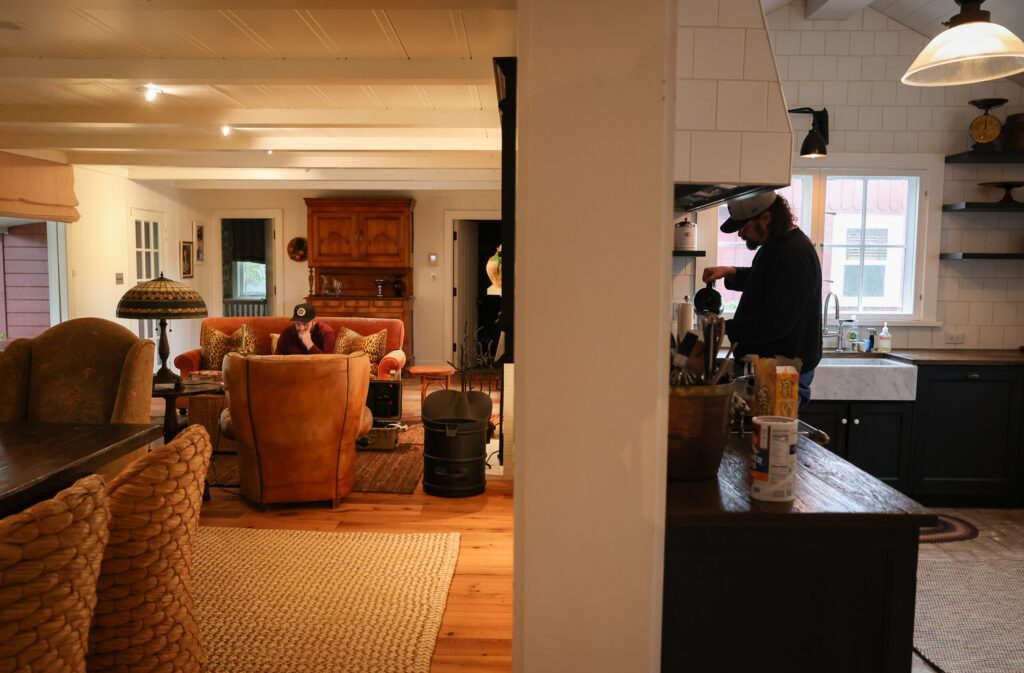 Riley Downing, of The Deslondes, pours himself a coffee in the kitchen of Little Saint Farm in Healdsburg on Thursday, November 13, 2025. (Christopher Chung/The Press Democrat)