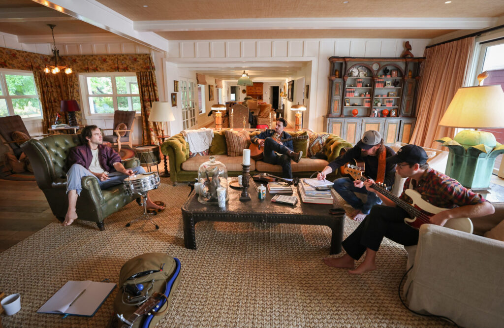 The Deslondes band members Howe Pearson, left, John James Tourville, Riley Downing, and Dan Cutler rehearse at Little Saint Farm before their show in Healdsburg on Thursday, November 13, 2025. (Christopher Chung/The Press Democrat)