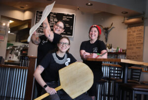 Pizzeria owners Leah Scurto of PizzaLeah, left, Michele Querin of Gabacool Provisions, and Leith Leiser-Miller of Psychic Pie are the women pushing Sonoma County pizza forward. Photo taken at PizzaLeah in Windsor on Monday, December 1, 2025. (Christopher Chung/The Press Democrat)