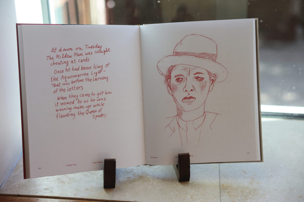 The book “In Ghost Time: The Art and Stories of Susan Preston” sits on display during Preston’s book launch party at Barndiva in Healdsburg Sunday, Sept. 14, 2025. (Beth Schlanker / The Press Democrat)