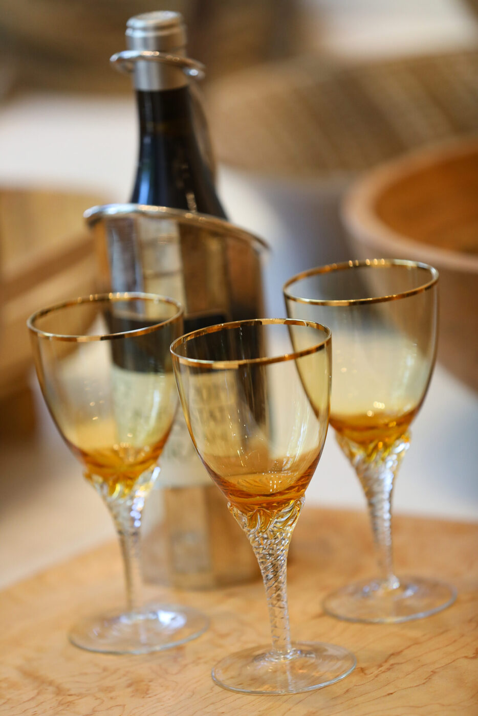 Vintage wine glasses and silver bottle holder at Forager in Healdsburg on Wednesday, September 17, 2025. (Christopher Chung/The Press Democrat)