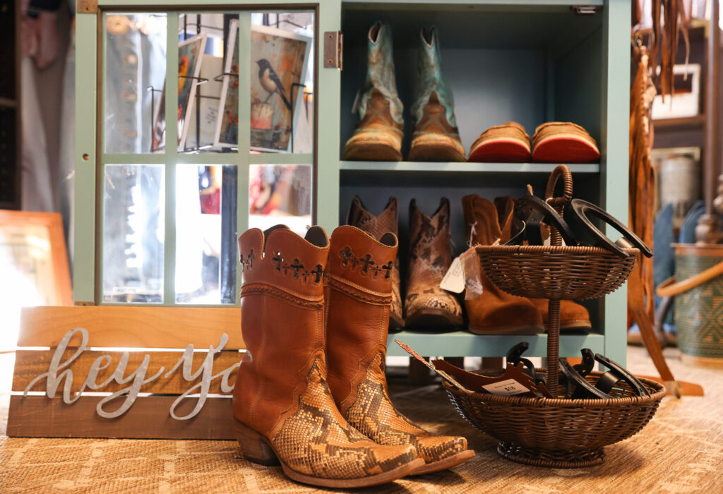 Vintage cowboy boots and decorative horseshoes at Hudson Street in Healdsburg on Wednesday, September 17, 2025. (Christopher Chung / The Press Democrat)