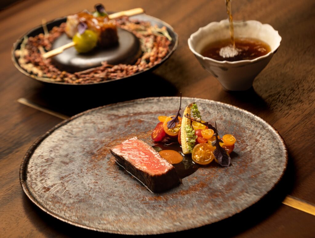 SingleThread in Healdsburg uses Knights Valley Wagyu beef in a skewer, broth and main dish September 19, 2025. (John Burgess / The Press Democrat)